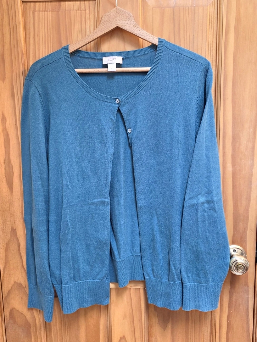LOFT Teal Blue Crewneck Button-Front Cardigan